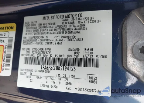 2019 Ford Mustang Gt from USA, damaged, VIN 1FA6P8CF0K5194125
